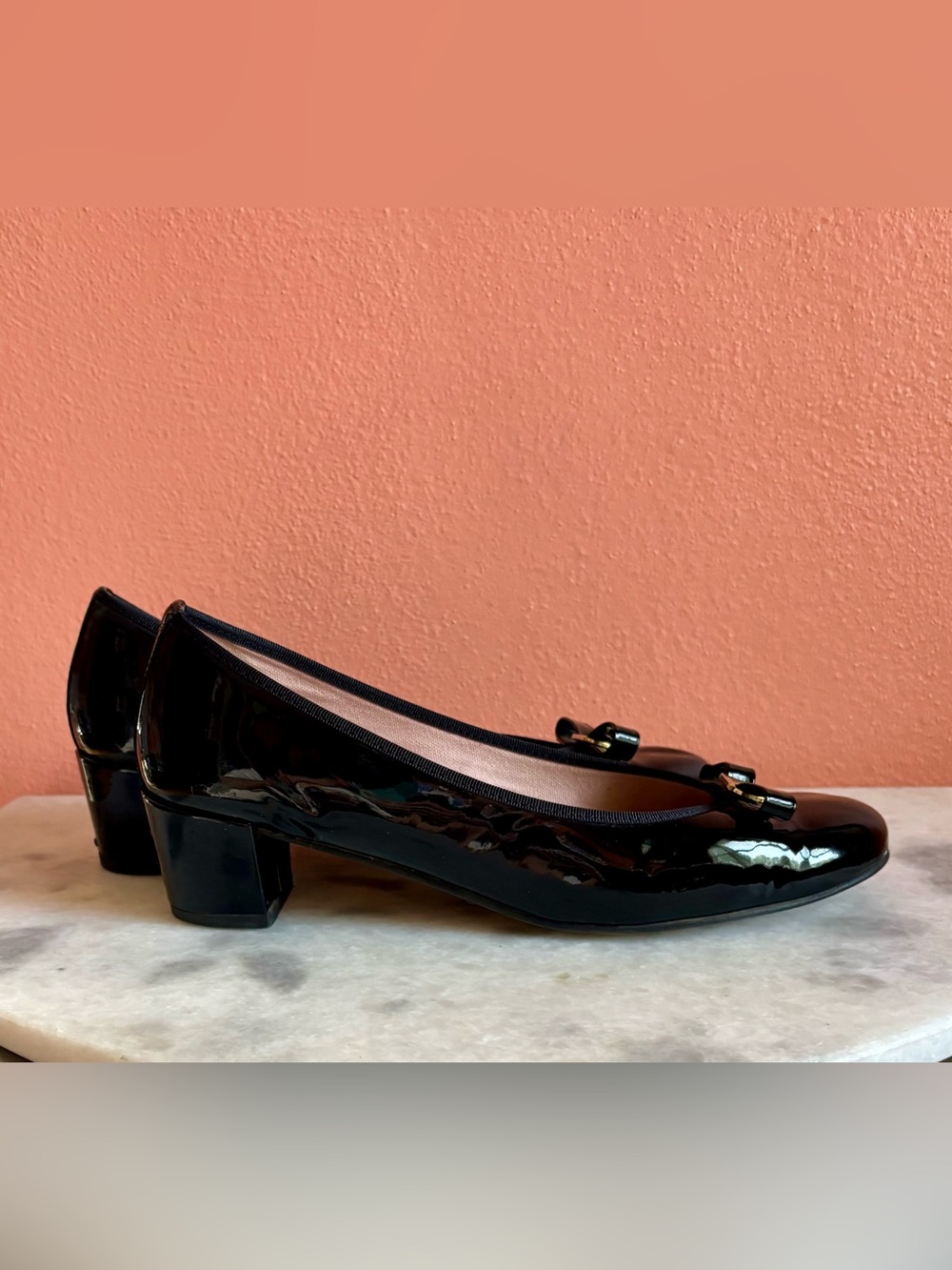 Pretty Ballerinas Black Patent Low Block Heel Ballet Pump with Bow